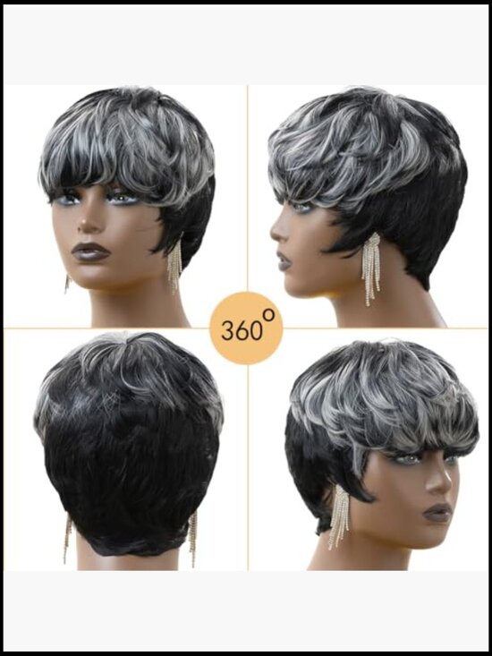 Short Salt and Pepper Pixie Cut Wig for Women Layered Synthetic Curly Wig with main image 5